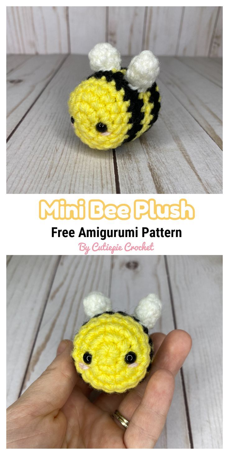 a hand holding a small crocheted bee with the text, mini bee plush free amigurmi pattern