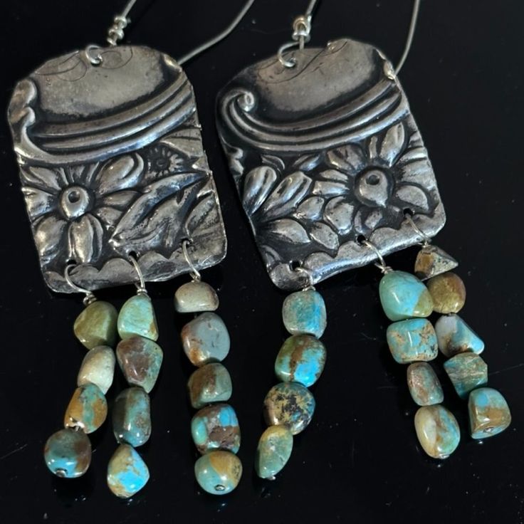 Thank You For Looking At These Newly Created Solid Sterling Silver Earrings. These Earrings Are One Of A Kind, And Are Created With Antique Gorhamvictorian Sterling Silver That Is Repurposed, And Genuine Natural Untreated Royston Turquoise 13.9 Grams For Both Earrings, From The Top Of The Hook To The Bottom Is 4" Inches X 1" Sterling Silver Is Tested And Guaranteed 925, 925 Gemstone, Art Nouveau, Silverware, Spoon Ring, Spoon Jewelry Scrap, Rustic ,Imperfectly Perfect, Southwestern, Boho, Wester Silverware Spoon, Imperfectly Perfect, Southwestern Boho, Gemstone Art, Mixed Metal Earrings, Silverware Jewelry, Spoon Ring, Spoon Jewelry, Kate Spade Earrings