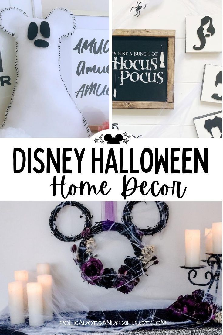 the disney halloween home decor is displayed with candles