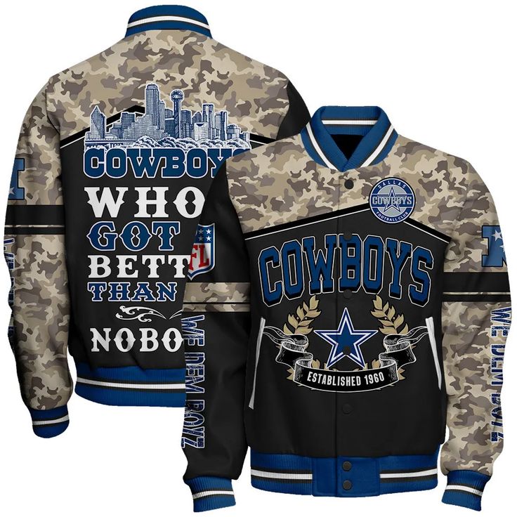 Dallas Cowboys We Dem Boyz National Football League Print Varsity Jacket VARSITY JACKET The varsity jacket is perfect for the ones who are looking for a statement outwear option to make a cool casual outfit. It is not only trendy but also a practical item to wear during the colder season. It is perfect for... Jacket Varsity, Sport Events, American Football League, Cardinals Nfl, Knitted Collar, Women Camping, Back To School Shopping, National Football League, Atlanta Falcons