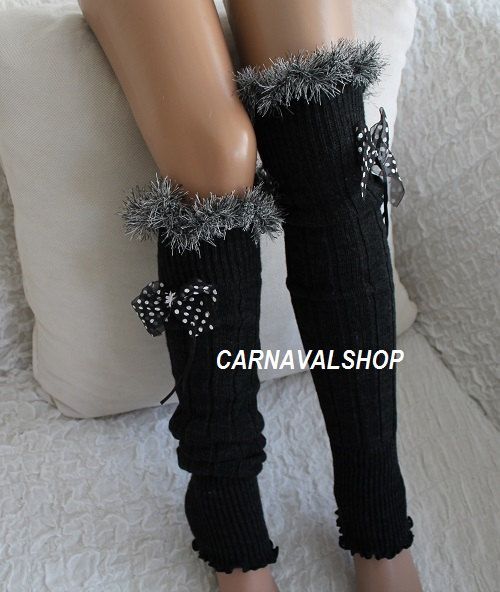 Dark Grey Leg Warmers Grey fur Polka dot Ribbon by CarnavalShop Winter Knitted Socks For Stocking Stuffers, Black Knitted Socks For Stocking Stuffer, Warm Knee-high Socks For Winter Stocking Stuffer, Black Winter Party Socks, Black Party Socks For Winter, Cozy Warm Stockings For Winter, Cozy Warm Winter Stockings, Black Winter Socks For Gift, Black Winter Socks For Gifts