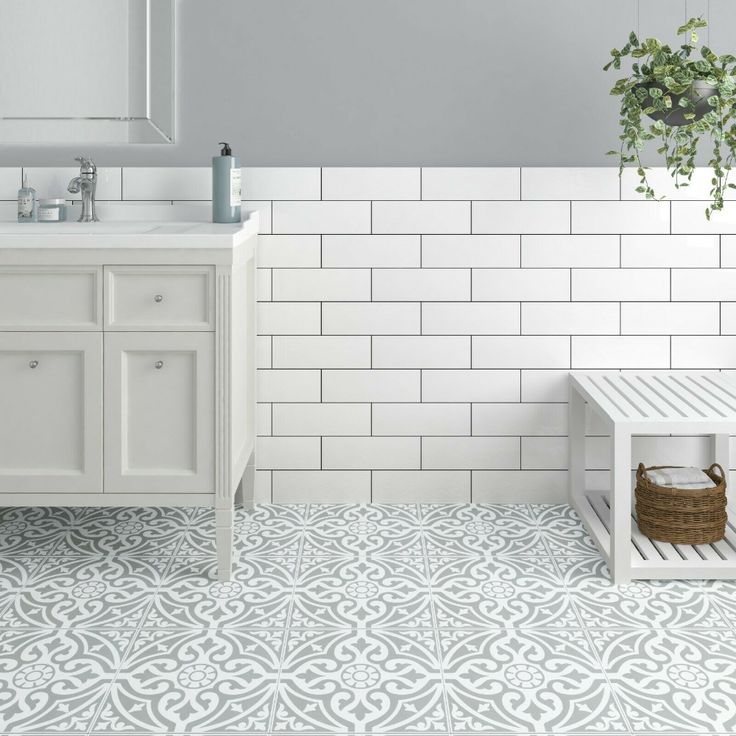 a bathroom with a sink, mirror and tiled floor in white color scheme on the wall