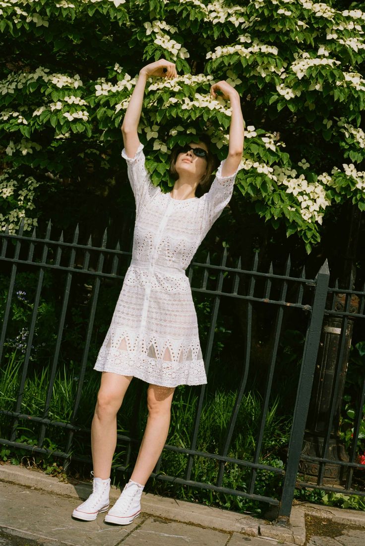 FINAL SALE A delicate mix of white laces is what makes this one of a kind a dream dress. White cotton slip included. We recommend to size up for this style. PLEASE READ RETURN POLICY BEFORE PURCHASE Product Details and Fit - 100% COTTON - Front button down closure - Model is wearing size S Daywear Mini Dress With Eyelets, Summer Short Sleeve Delicate Lace Dress, Delicate Lace Short Sleeve Summer Dress, Delicate Lace Mini Dress For Summer, Chic Mini Dress With Cutwork Hem For Daywear, Fitted Lace Dress With Lace Trim For Summer, Elegant Eyelet Dresses For Day Out, Daywear Mini Dress With Scalloped Lace, Chic Eyelet Mini Dress For Daywear