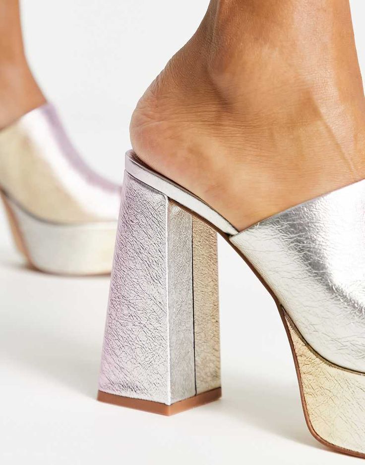 Shoes by ALDO Who needs the back of a shoe? Iridescent finish Slip-on style Peep toe Platform sole High block heel Platform Mules, Leather Fashion, Block Heels, Asos, Slip On, Heels, Leather