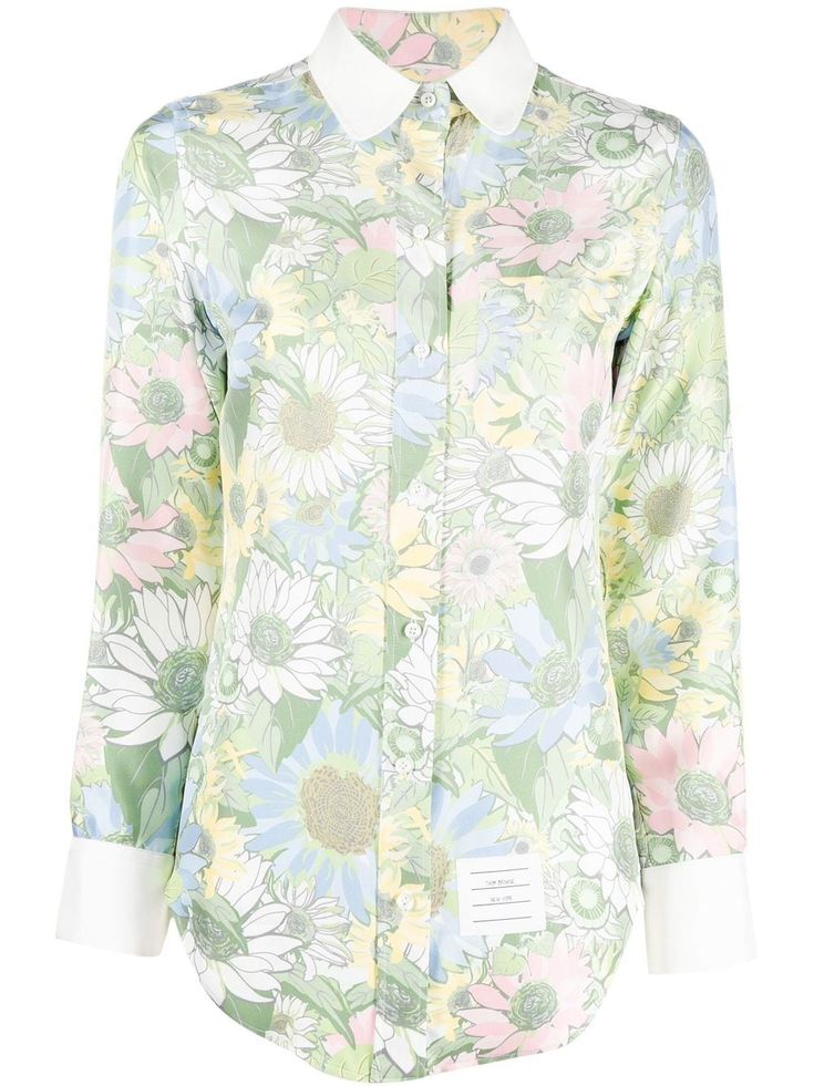 pastel green silk all-over floral print Peter Pan collar front button fastening long sleeves buttoned cuffs Thom Browne Shirt, Printed Silk Shirt, Designer Shirts, Pastel Green, Green Silk, Pan Collar, Peter Pan Collar, Silk Shirt, Thom Browne