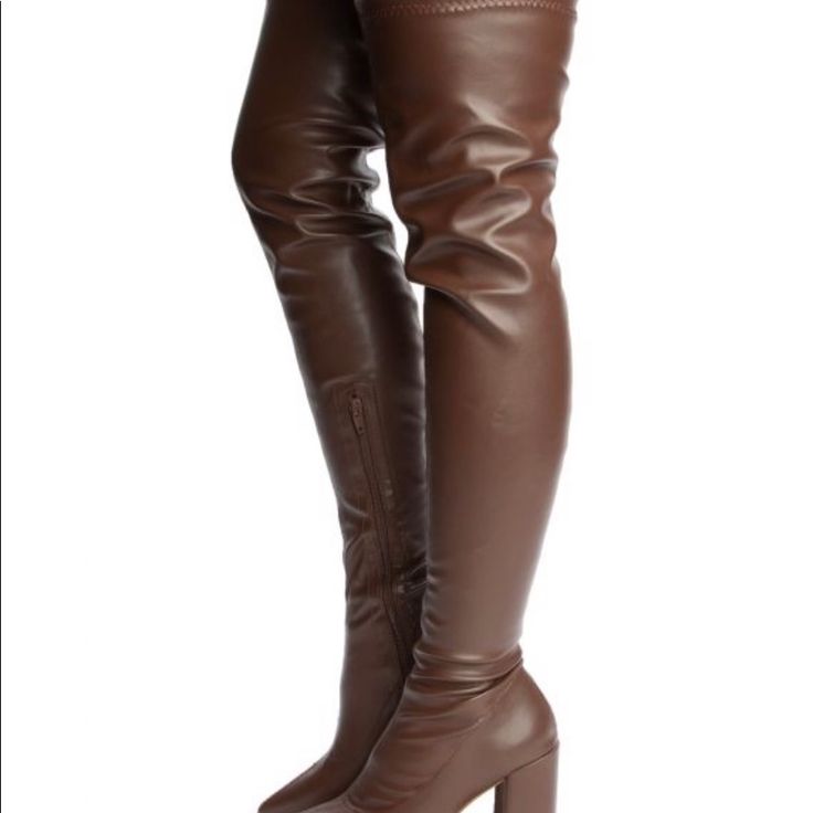 Thigh High Boots /Heels Brown Brown Knee-high Heeled Boots, Brown Tall Knee-high Heeled Boots, Over The Knee Boots For Spring, Fitted Thigh High Boots For Fall, Fitted Over-the-knee Spring Boots, Brown Knee-high Boots, Winter Faux Leather Thigh High Heeled Boots, Thigh High Faux Leather Heeled Boots For Winter, Spring Over-the-knee Boots