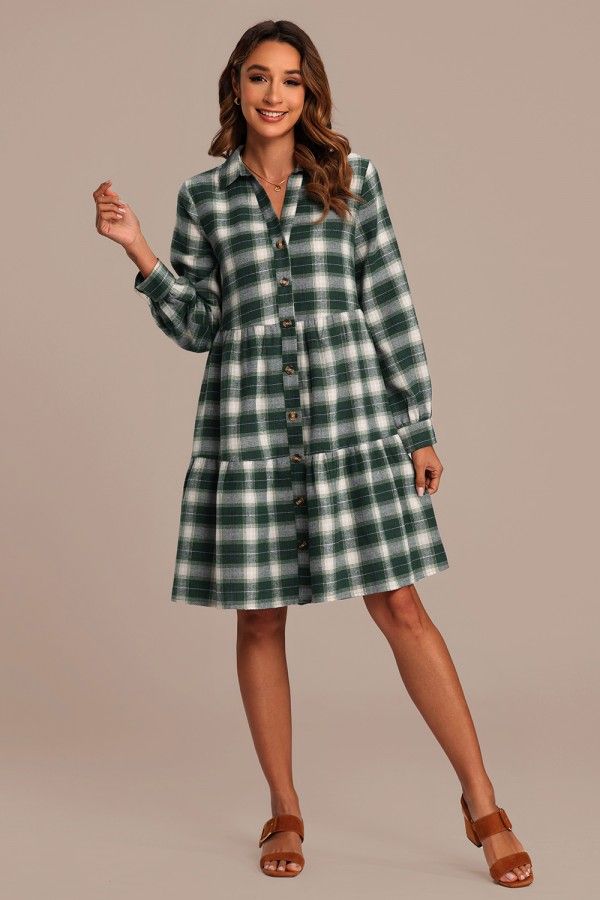 Green Plaid Long Sleeve Collared Midi Dress Plaid Long Sleeve Shirt Dress For Spring, Spring Plaid Long Sleeve Shirt Dress, Spring Long Sleeve Cotton Plaid Dress, Spring Long Sleeve Plaid Cotton Dress, Spring Cotton Plaid Long Sleeve Dress, Casual Long Sleeve Plaid Dress For Fall, Long Sleeve Cotton Plaid Dress For Fall, Long Sleeve Plaid Cotton Dress For Fall, Casual Gingham Plaid Dress For Fall