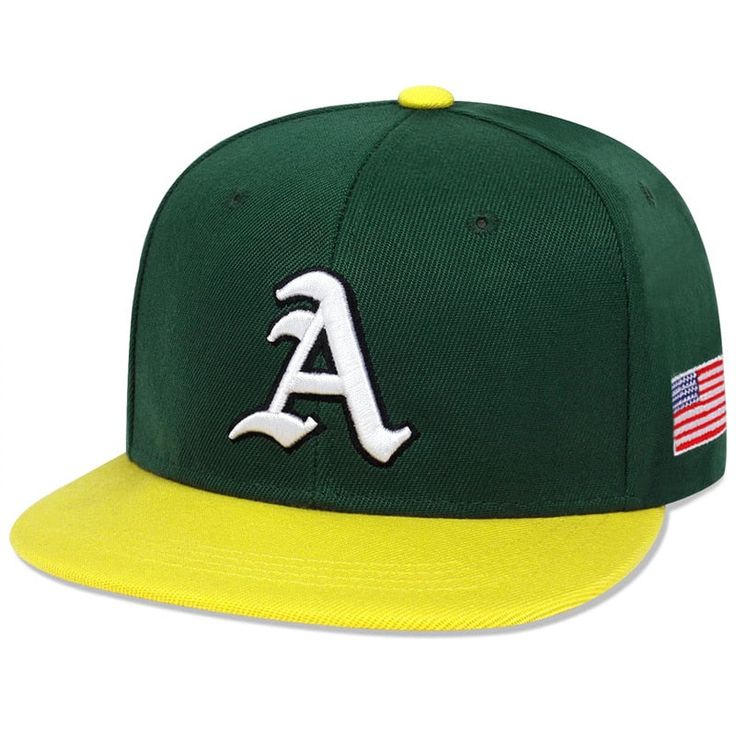 a green and yellow baseball cap with the letter a on it's front side