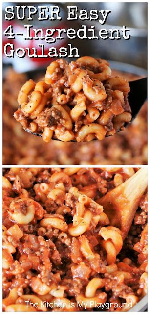 an image of pasta being cooked in a skillet with the title super easy 4 ingredient goulash