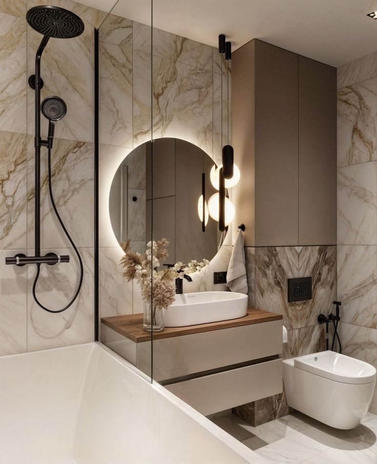 a bathroom with marble walls and flooring, a round mirror above the bathtub