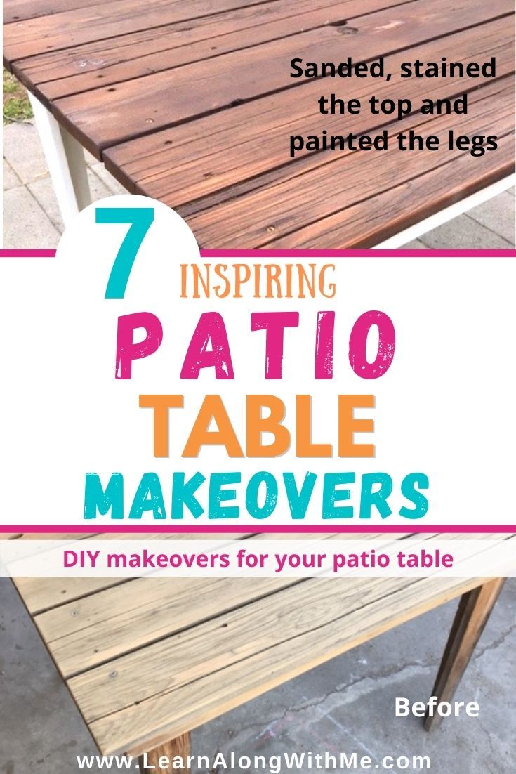 Patio Table makeover... why buy a new patio table when you can remodel the one you have.  In the article there are 7 DIY patio table makeover ideas including the one I did where I completely updated a rundown, old wooden patio table I've had for about 15 years.  With some sanding , staining and painting it looks way better. Old Patio Table Makeover, Picnic Table Makeover Paint, Painted Outdoor Table Ideas, Outside Table Decor Patio, Patio Table Top Replacement Ideas, Metal Patio Table Makeover, Outdoor Glass Table Makeover, Glass Patio Table Makeover, Glass Table Redo