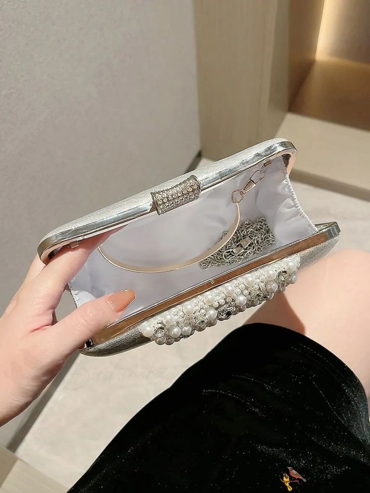 BirdinBag - Exquisite Wedding & Party Clutch with Faux Pearl and Rhinestone Embellishments Elegant Embellished Evening Bag For Banquet, Prom Evening Bag Embellished With Crystals, Embellished Crystal Evening Bag For Prom, Crystal Embellished Evening Bag For Prom, Prom Crystal Evening Bag Embellished, Party Embellished Pearl Evening Bag, Elegant Embellished Evening Bag For Prom, Glamorous Pearl Evening Bag For Wedding, Formal Embellished Pearl Evening Bag