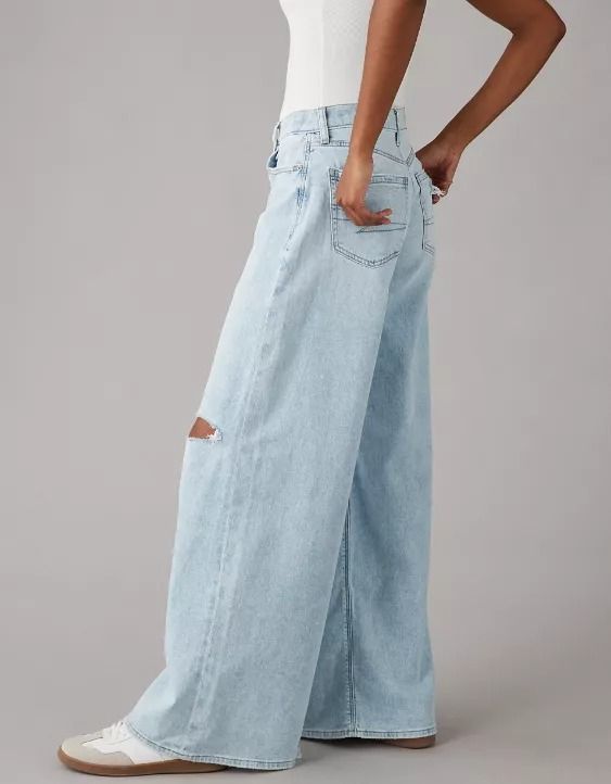 AE Dreamy Drape Stretch Ripped Baggy Ultra Wide-Leg Super High-Waisted Jean Oversized Full Length Wide Leg Pants For Fall, Trendy Baggy Wide Leg Flare Jeans, Trendy Wide Leg Pants With Zip Fly, Trendy Wide Leg Full Length Pants, Trendy Baggy Wide-leg Flare Jeans, Trendy Baggy Wide Leg Pants, Summer High Rise Baggy Wide Leg Pants, Spring Baggy High Waist Wide Leg Pants, Spring High Waist Baggy Wide Leg Pants