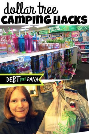 a woman standing in front of a shelf filled with camping hacks