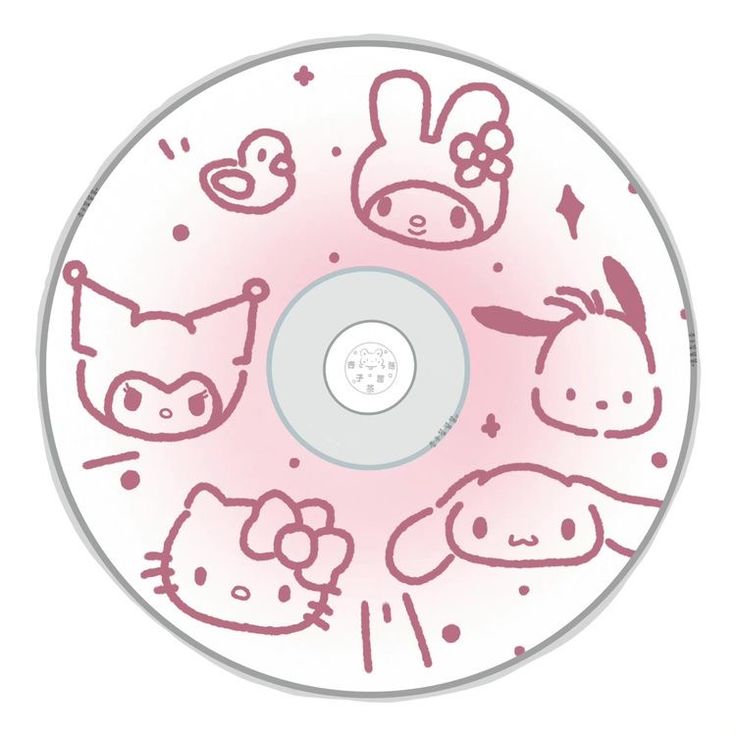 the hello kitty cd cover is pink and has various drawings on it, including an image of two rabbits