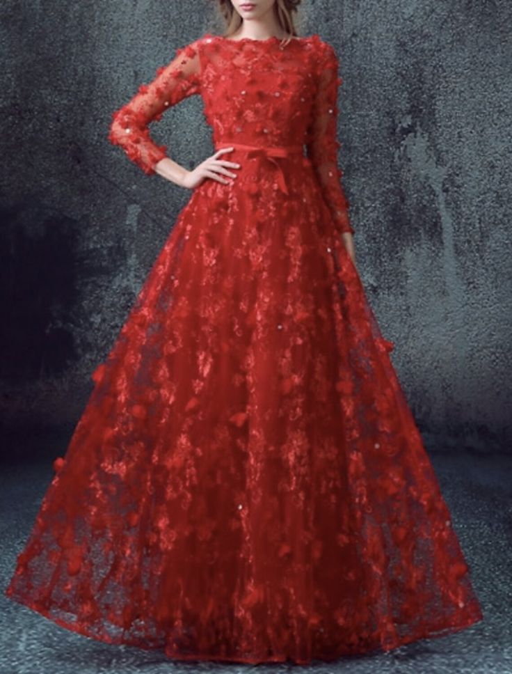 A-Line Glittering Elegant Floral Engagement Formal Evening Valentine's Day Dress Jewel Neck 3/4 Length Sleeve Floor Length Tulle with Sequin Appliques Red Long Sleeve Banquet Dress, Festive Lace Dress For Banquet, Red Embellished Long Sleeve Gown, Glamorous Long Sleeve Holiday Gown, Glamorous Long Sleeve Gown For Holidays, Long Sleeve Gown For Festive Party Season, Long Sleeve Festive Gown For Party Season, Festive Long Sleeve Gown For Party Season, Spring Sequin Maxi Dress For Banquet