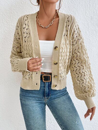 Drop Shoulder Pointelle Knit Cardigan | SHEIN Woollen Cardigans For Women, Woolen Sweaters, Cardigan Sweaters, Pointelle Knit, The Drop, Cardigan Sweaters For Women, Cardigans For Women, Drop Shoulder, Knit Cardigan