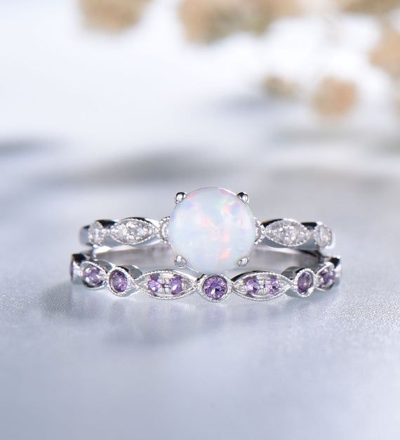 Opal and Amethyst Wedding Set, Sterling Silver White Opal Ring, Gemstone Ring, Amethyst Wedding Band White Gemstone Birthstone Ring For Formal Occasion, Formal White Birthstone Ring With Gemstone, Purple Opal Ring Gift, White Amethyst Jewelry For Formal Occasions, Silver Birthstone Ring With Gemstone For Wedding, Elegant Multi-stone Amethyst Wedding Ring, Formal White Amethyst Jewelry, Elegant White Multi-stone Birthstone Ring, White Gold Amethyst Ring With Gemstone Accents