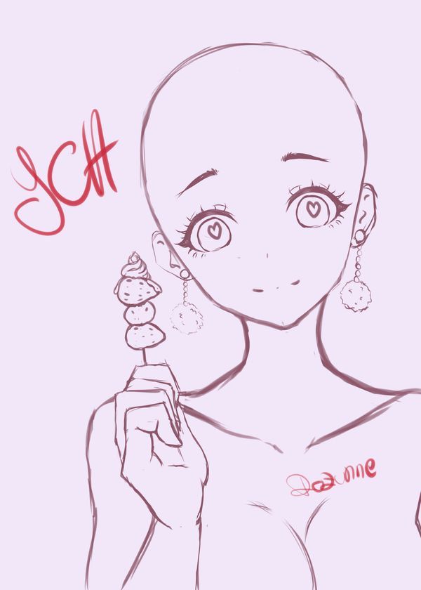 a drawing of a woman holding an object in her hand with the word sch on it