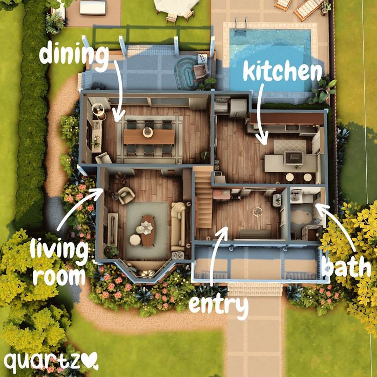 an aerial view of a house with all the rooms labelled