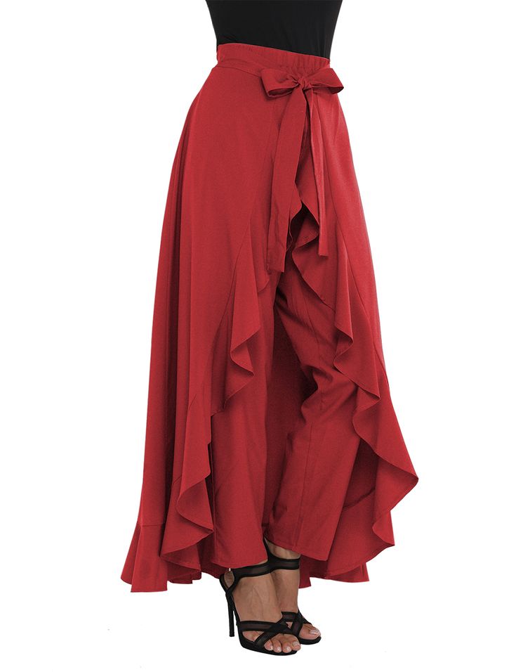 Red Chiffon Tie-waist Ruffle Palazzo Pants Solid Color Ruffle Party Bottoms, Ruffled Party Bottoms, Chic Chiffon Ruffled Skirt Bottoms, Elegant High Waist Pants With Ruffles, Elegant High-waist Pants With Ruffles, Elegant High Waist Ruffled Pants, Elegant High-waist Ruffled Pants, Red Ruffled Bottoms For Spring, Elegant Wide Leg Ruffled Skirt Bottoms