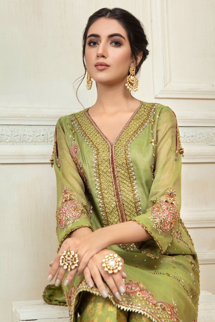 Straight Kurta Set With Kundan And Dabka Work, Designer Dabka Kurta In Chinon, Designer Dabka Work Kurta In Chinon, Semi-stitched Raw Silk Dress With Gota Work, Designer Chanderi Kurta With Dabka Work, Raw Silk Lawn Suit With Mirror Work Straight Kurta, Gold Anarkali Raw Silk Lawn Suit, Gold Anarkali Lawn Suit In Raw Silk, Designer Gold Raw Silk Lawn Suit