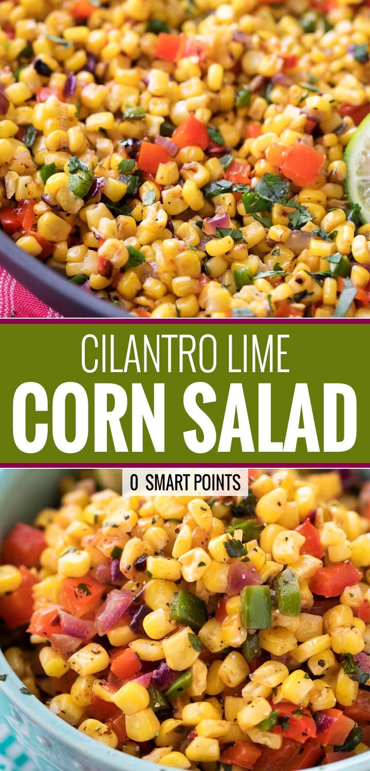 corn salad with cilantro lime in a blue bowl