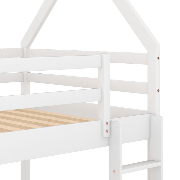 a white bunk bed with a wooden slatted top and bottom rail, against a white background