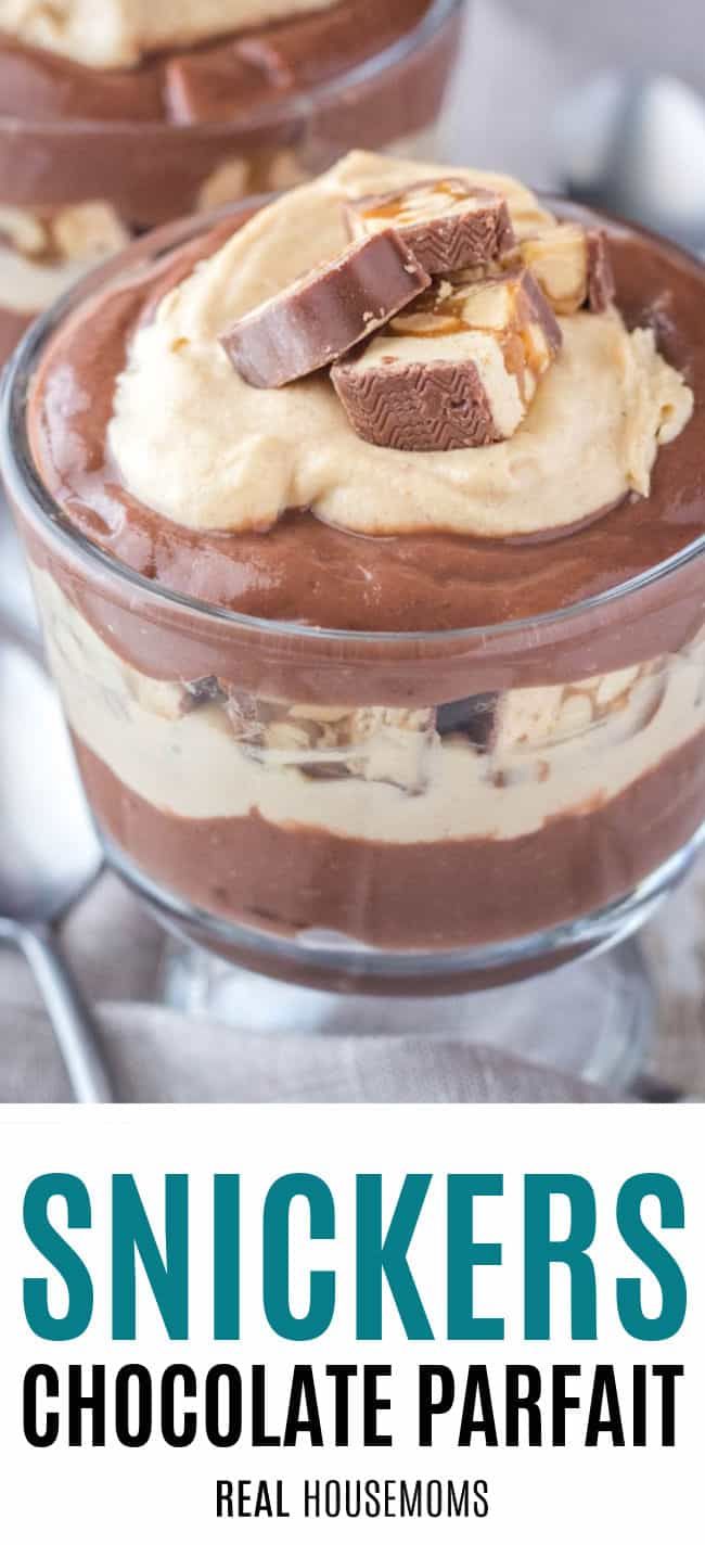 snickkers chocolate parfait in a glass dish