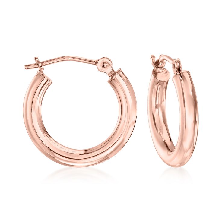 Ross-Simons - 3mm 14kt Rose Gold Hoop Earrings. 1/2". These 14kt rose gold hoop earrings are an essential part of any classic jewelry wardrobe! Wear them with anything from your favorite dress to jeans and a sweater. Hanging length is 1/2". Snap-bar, 14kt rose gold hoop earrings. Sweater Hanging, Spooky Basket, Rose Gold Bangle Bracelet, Gold Huggie Hoop Earrings, Jewelry Presentation, Diamond Ring Cuts, Rose Gold Hoop Earrings, Jewelry Wardrobe, Rose Gold Bangle