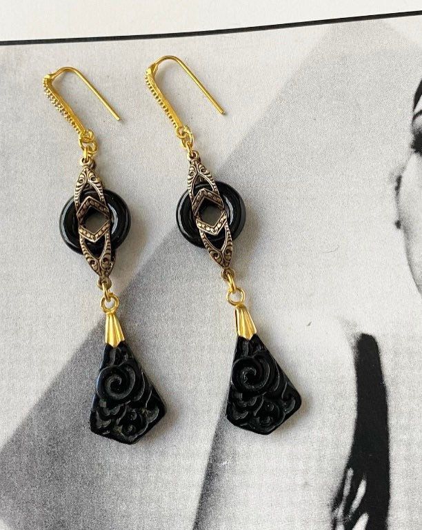 "An stylish  pair of vintage Art Deco 1930s style drop earrings  Dramatic, black glass rings paired with black velvet - like etched vintage Czech glass drops  The gold plated ear wires are studded with tiny diamanté rhinestones  Will add an instant touch of Deco glamour to any outfit! Size : 3\" (7.5cm ) long , these are quite long earrings - please check size before buying  Gold plated hook wires  & fittings ( lead & nickel free) each pair are hand made & in excellent condition" Nickel Free Vintage Jewelry For Evening, Art Deco Drop Earrings For Evening, Victorian Black Jewelry For Evening, Vintage Evening Jewelry, Art Deco Dangle Jewelry For Vintage Events, Retro Black Jewelry For Formal Occasions, Black Victorian Jewelry For Evening, Elegant Black Brass Jewelry, Retro Black Jewelry For Evening