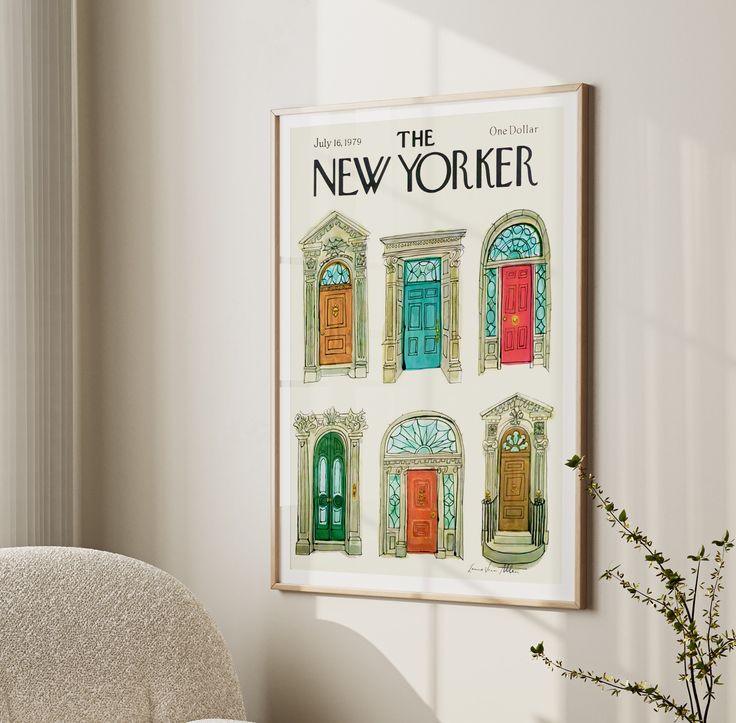 the new yorker magazine cover is displayed on a wall next to a chair and vase