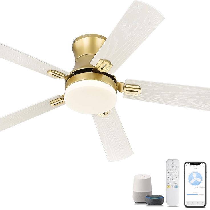 a ceiling fan with two remote controls and an appliance next to it on a white background