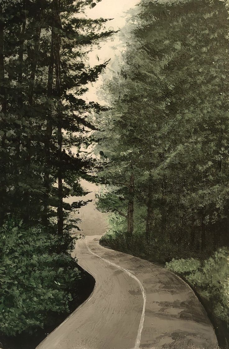 an oil painting of a winding road in the woods