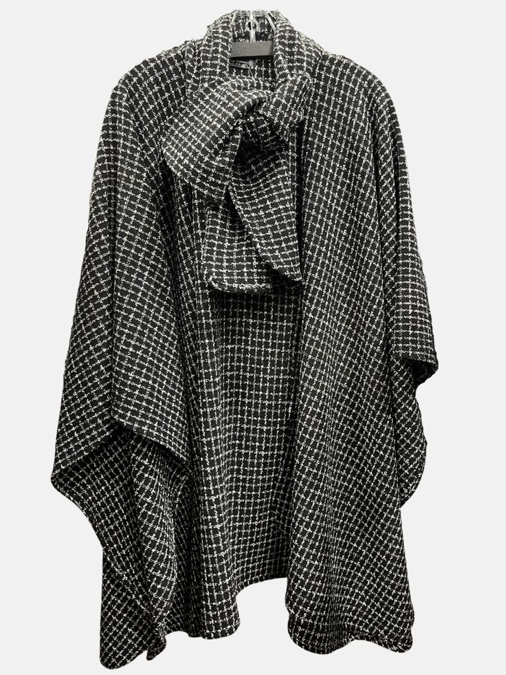 Black and white medium heavy woven classic wrap with detached signature matching scarf Chic Black Wool Cape, Chic Oversized Shawl Outerwear, Chic Wool Poncho For Winter, Chic Fall Wrap Shawl, Chic Wrap Shawl For Fall, Black Wool Cape For Workwear, Oversized Chic Shawl, Chic Oversized Shawl, Chic Shawl Cape For Fall