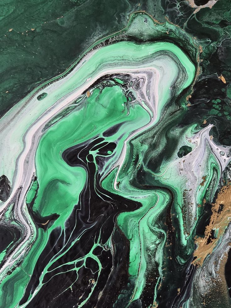 an abstract painting with green, black and white paint on the water's surface