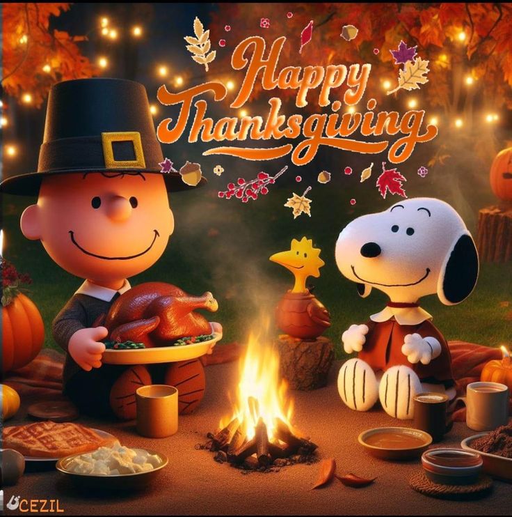 a happy thanksgiving card with snoop and his dog roasting turkey over a campfire