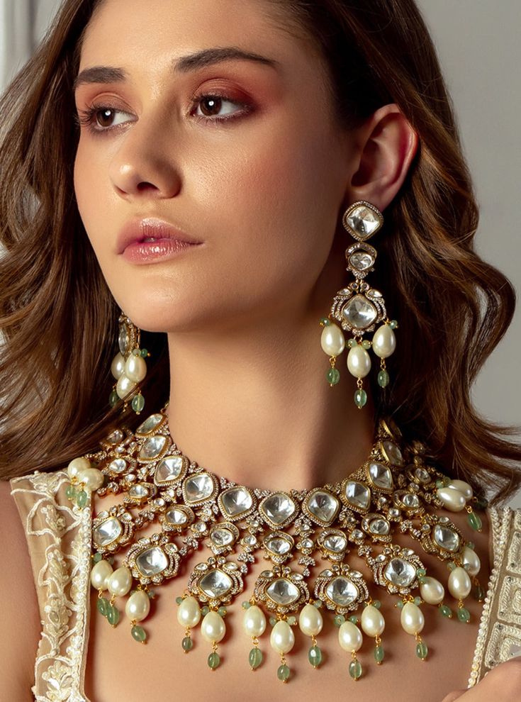 Fusion Style Jeweled Jewelry Sets For Wedding, White Kundan Jeweled Jewelry, Festive White Jeweled Jewelry, Elegant Pearl Sets With Stone Work, Chandbali Bridal Necklace With Pearl Drop For Wedding, White Kundan Fusion Necklace, Elegant Pearl Jewelry Set For Gift, Fusion Style Jeweled Necklaces For Wedding, White Fusion Style Kundan Necklace