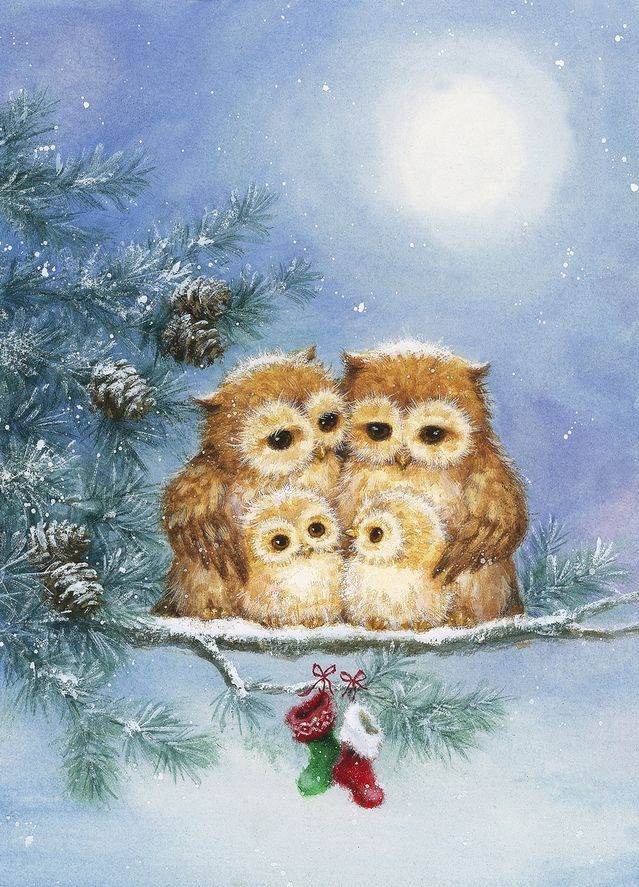 three owls are sitting on a branch in the snow