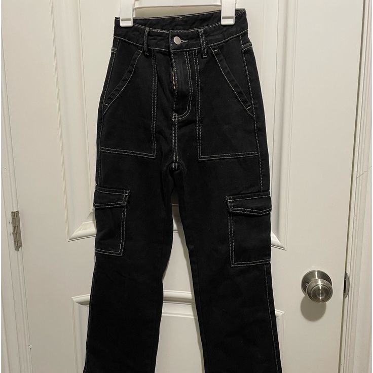 Teen Girls Brand New Black Cargo Pants Without Tag. Brand Shein Size Xxs (0) Really Cute Jeans!! Cheap Black Bottoms With Multiple Pockets, Black Full-length Cargo Jeans, Black Full Length Cargo Jeans, Fitted Black Cargo Jeans With Pockets, Black High Waist Jeans With Pockets, Black Fitted Cargo Jeans, Black Straight Leg Cargo Jeans With Side Pockets, Trendy Black Cargo Pants, Fitted Black High-waisted Cargo Pants