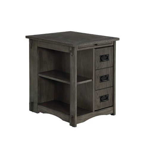 the side table has three drawers on one end and two open shelves on the other