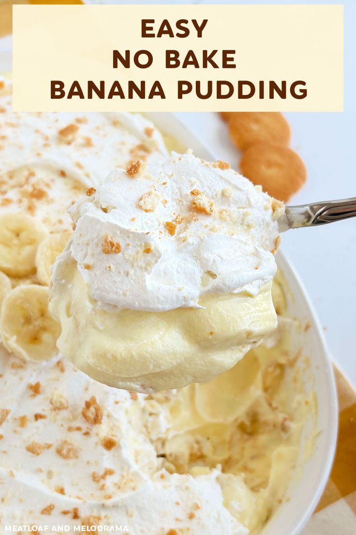 banana pudding in a white bowl with text overlay