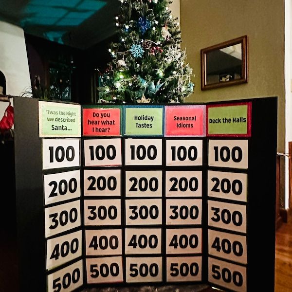 a christmas tree is in the background with several numbered signs on it, and a decorated table