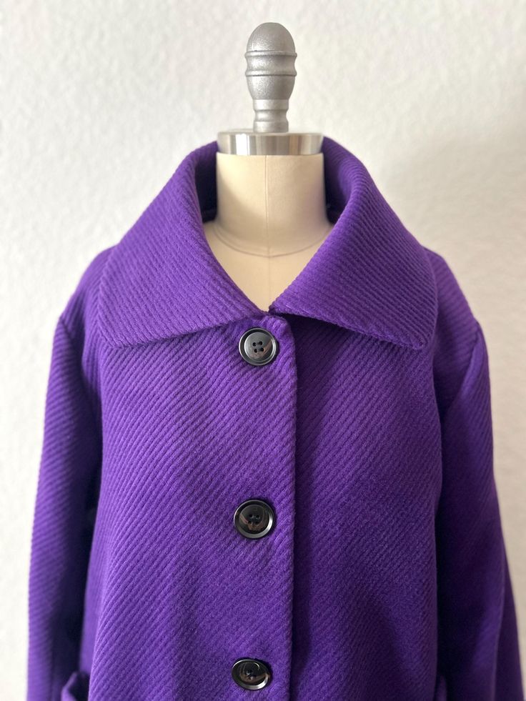 90s Compania FANTASTICA Purple Jacket  Perfect for Spring/Fall 4 Button front closure  2 Patch pockets Quilted inner lining, intact Stylish mod girl vibe Boho minimalist Preppy modern Material: Polyester 94%,  Viscose 6% Size:  S Bust:  34" Sleeve:  22.5" Length:  25" Shoulder:  16" Condition:  Excellent vintage condition Retro Long Sleeve Outerwear With Covered Buttons, Purple Button-up Outerwear With Button Closure, Purple Button-up Outerwear, Purple Buttoned Workwear Outerwear, Retro Outerwear With Covered Buttons For Fall, Retro Fall Outerwear With Covered Buttons, Purple Buttoned Outerwear For Work, Classic Purple Outerwear With Buttons, Purple Outerwear With Button Closure For Work