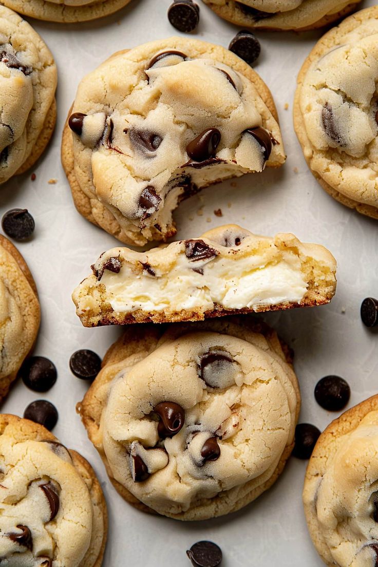 chocolate chip cookies with one cookie broken in half