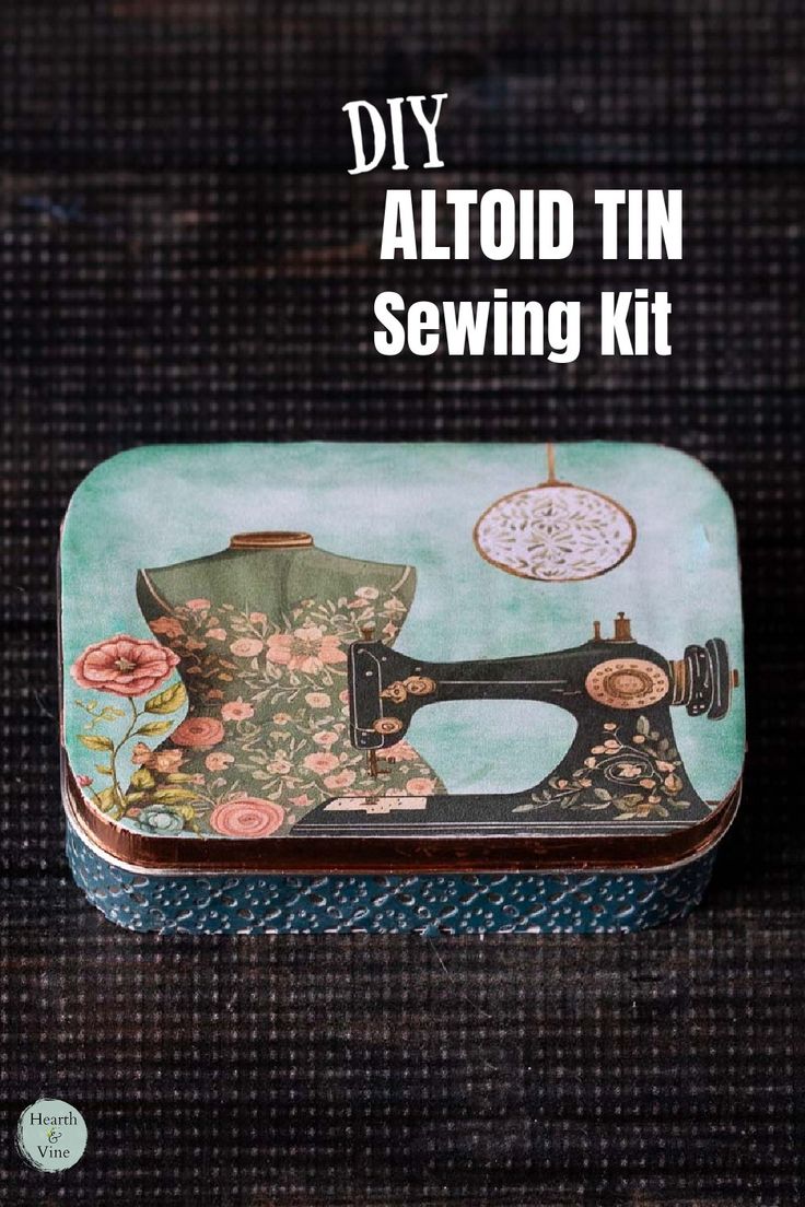 the sewing kit is sitting on top of a table with text overlay that reads diy altoid tin sewing kit