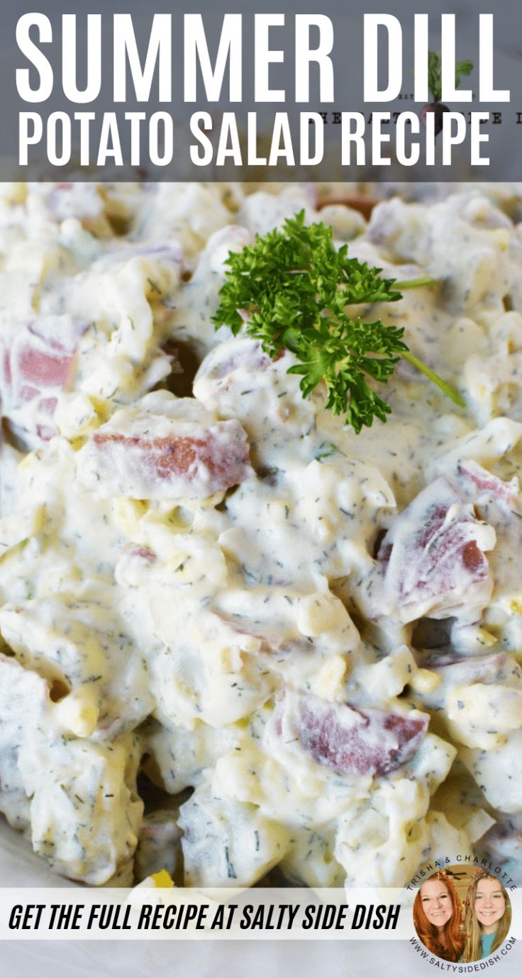 a bowl filled with potato salad on top of a white plate and text overlay reads summer dill potato salad recipe