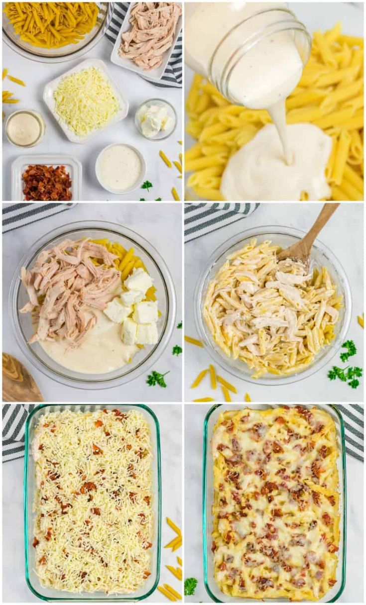 the steps to make this pasta dish are shown in four different pictures, including cheese and sauce