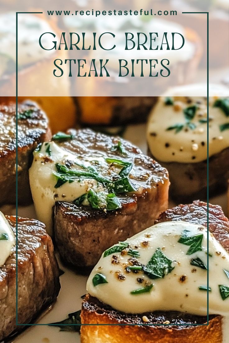 garlic bread steak bites with cheese and herbs on top