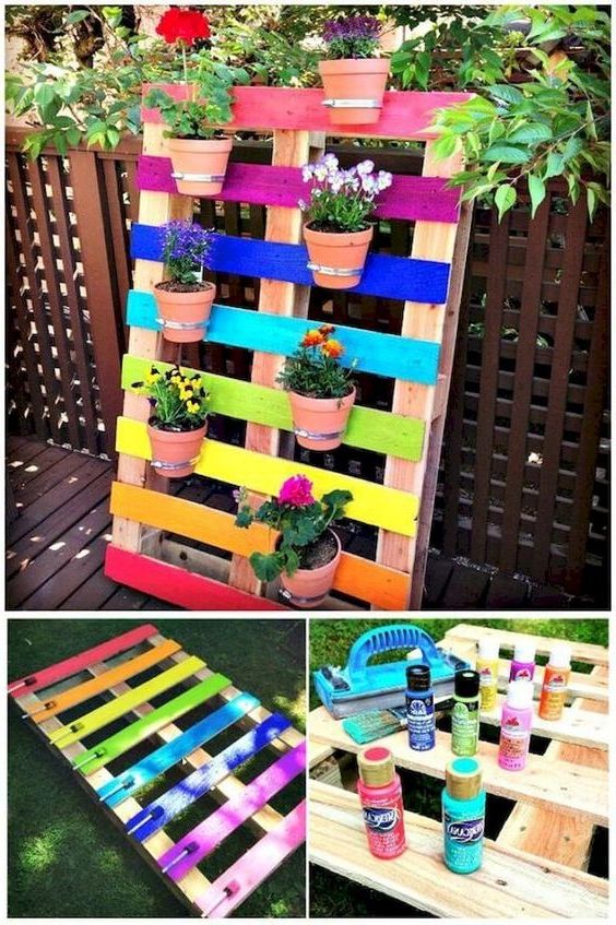 colorful pallet garden with flowers and plants